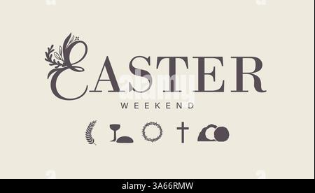Easter Weekend banner with creative lettering and icons of Holy Week. Easter Sunday template with Christian symbols. Vector illustration Stock Vector