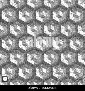 Honeycomb background. 3D mosaic. Black and white grainy design. Pointillism pattern. Stippled vector illustration. Stock Vector