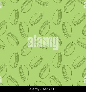 Pistachios seamless pattern with nuts outline on green background, hand drawn sketch in doodle style. Vector illustration Stock Vector