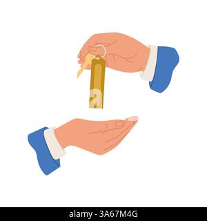 Two hands holding a key and a tag. The tag is yellow and the key is gold. Concept of giving a key to someone Stock Vector