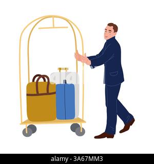 A man in a suit is pushing a cart with luggage on it. Hotel employee transporting suitcases and bags Vector illustration Stock Vector