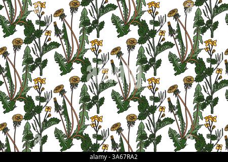 Botanical floral seamless pattern with dandelion and celandine flowers vector illustration. Repeating plant pattern in white background. Graphic desig Stock Vector