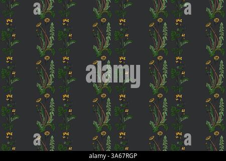 Botanical floral seamless pattern with dandelion and celandine flowers vector illustration. Repeating plant pattern in black background. Graphic desig Stock Vector