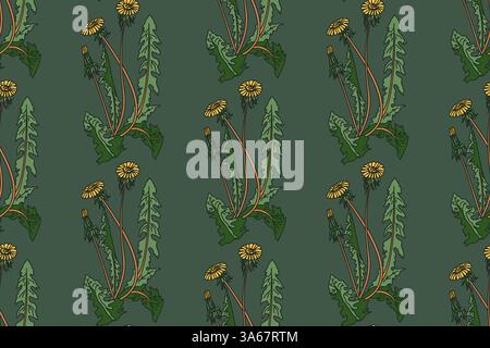 Botanical floral seamless pattern with dandelion and celandine flowers vector illustration. Repeating plant pattern in pastel green background. Graphi Stock Vector
