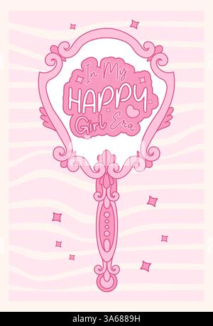 Vintage Pink Coquette Mirror with Groovy Motivational Quote Lettering. Romantic Girly Vibe. Vector illustration. Cool Trendy Aesthetic card on Distort Stock Vector