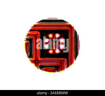 An abstract composition featuring a circular design with vibrant red and black geometric shapes, complemented by a central element that resembles a flower or starburst, radiating an intriguing sense of depth and movement. Classic art with a modern twist reimagined by Artotop, Transformed Egyptian Ornament Stock Photo