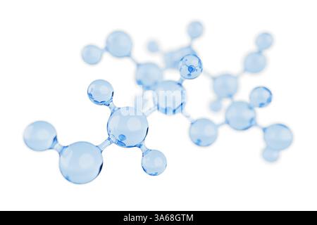 Blue Glass Transparent Molecules or Atoms on a white background. 3d Rendering Stock Photo