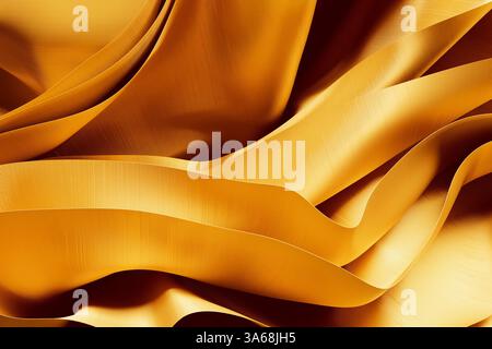 Abstract Golden Satin Fabric Background Textures with Luxurious Folds extreme closeup. 3d Rendering Stock Photo