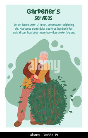 Elderly man trims a bush with scissors. Advertising banner template Gardeners services. Vector illustration Stock Vector