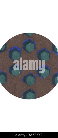 A circular design featuring a repeating pattern of hexagons in shades of green and blue, set against a textured brown background. Classic art with a modern twist reimagined by Artotop, Transformed Persian Ornament Stock Photo