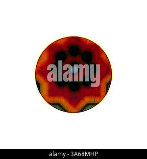 A vibrant circular design featuring a central blue element surrounded by a pattern of black and red, intertwined with delicate lines radiating outward, creating a striking visual effect. Classic art with a modern twist reimagined by Artotop, Transformed Persian Ornament Stock Photo