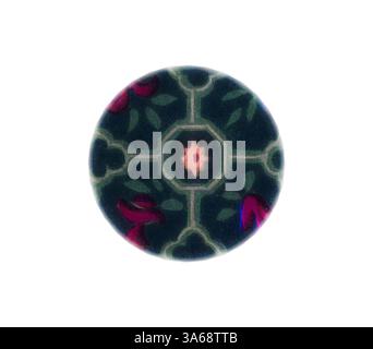 An intricately designed circular tile featuring a floral pattern with vibrant colors, set against a dark background. The central motif is highlighted by an octagonal shape, surrounded by delicate leaves and blossoms, creating a harmonious and appealing aesthetic. Classic art with a modern twist reimagined by Artotop, Transformed Chinese Ornament Stock Photo