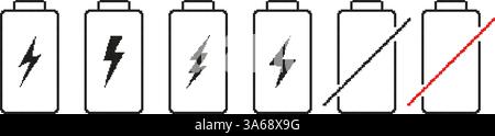 Battery Charge Levels Pixelated Icon Set. Pixel Art Symbol Collection Of Battery Power Indicators In Various States. Isolated Vector Illustration Stock Vector