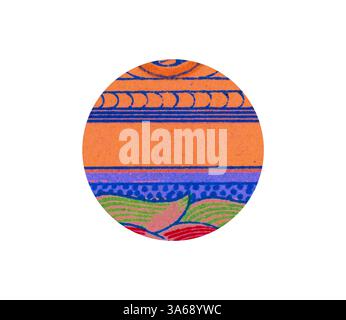 A vibrant circular design featuring intricate patterns in shades of orange, blue, green, and red, displaying a harmonious blend of lines and shapes. Classic art with a modern twist reimagined by Artotop, Transformed Renaissance Ornament Stock Photo