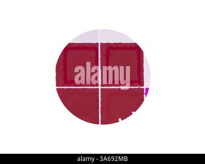 A circular design featuring four quadrants in varying shades of red, with two sections containing solid squares and the other two displaying abstract textures. Classic art with a modern twist reimagined by Artotop, Transformed Mediæval Ornament Stock Photo