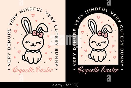 Easter bunny coquette preppy aesthetic theme party printable card funny quotes very demure very mindful cute rabbit girly bow pink black illustration. Stock Vector