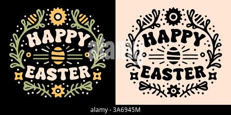 Happy Easter round badge lettering card cute floral plants flowers eggs drawing groovy retro vintage yellow green cottagecore aesthetic text print. Stock Vector