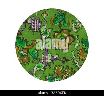 A vibrant floral fabric featuring intricate green patterns, with touches of purple and earthy tones, creating a lively and eclectic design. Classic art with a modern twist reimagined by Artotop, Transformed French Fabrics, First Half of the Nineteenth Century Stock Photo