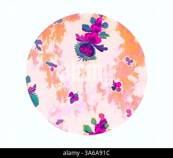A vibrant floral pattern featuring hues of pink, purple, and green, set against a soft, blended background. The design showcases whimsical flowers scattered throughout, creating a lively and cheerful aesthetic. Classic art with a modern twist reimagined by Artotop, Transformed French Fabrics, First Half of the Nineteenth Century Stock Photo