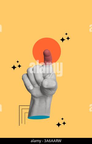 Collage of a man hand doing push gesture on an orange circle on yellow background with stars and dotted lines Stock Photo