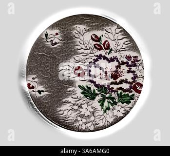 A decorative oval dish featuring intricate floral patterns in vibrant colors, showcasing delicate craftsmanship and attention to detail. The design includes bold blossoms surrounded by intricate motifs, creating a visually captivating piece. Classic art with a modern twist reimagined by Artotop, Transformed French Fabrics, First Half of the Nineteenth Century Stock Photo