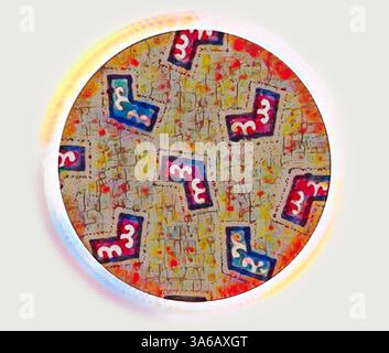 A circular design featuring colorful, abstract shapes and patterns on a textured background, creating a vibrant and eclectic visual appeal. Classic art with a modern twist reimagined by Artotop, Transformed French Fabrics, First Half of the Nineteenth Century Stock Photo