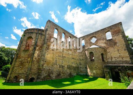 View of the monastery ruins in Bad Hersfeld. Old Romanesque church ruins in the city. Stock Photo