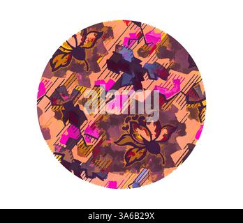 A vibrant circular pattern filled with an eclectic mix of floral designs and geometric shapes, showcasing rich colors like purple, pink, and orange, creating a dynamic and energetic visual effect. Classic art with a modern twist reimagined by Artotop, Transformed French Fabrics, First Half of the Nineteenth Century Stock Photo