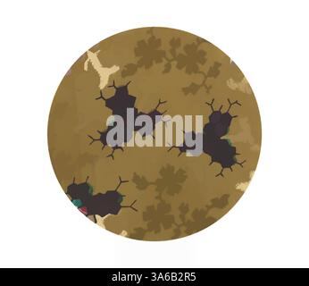 A circular pattern showcasing a textured surface with organic shapes, featuring a blend of earthy tones and intricate, dark formations resembling abstract structures or cells. Classic art with a modern twist reimagined by Artotop, Transformed French Fabrics, First Half of the Nineteenth Century Stock Photo