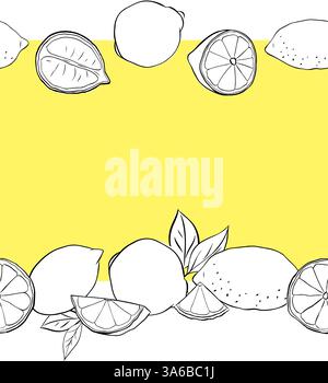 Lemons cut, slices and whole seamless horizontal border frame. black and white Citrus lemons line graphic ink vector art. Template for food design, re Stock Vector