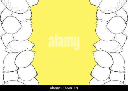 Lemon whole fruit seamless vertical border frame isolated on transparent background. Vector graphic line ink black and white illustration. art for foo Stock Vector