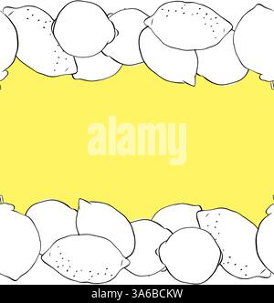 Lemons citric fruits seamless horizontal border frame. Hand drawn vector graphic line ink black and white illustration. art for food design, recipe, c Stock Vector