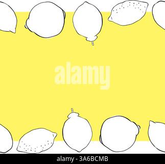Lemon whole citric fruits seamless horizontal border frame. Hand drawn vector graphic line ink illustration. black and white Banner for menu, package, Stock Vector