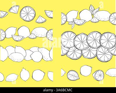 lemon black and white seamless border set, fruit frame, citrus exotic element for design, space for text, lemonade. Vector graphic line ink seamless h Stock Vector