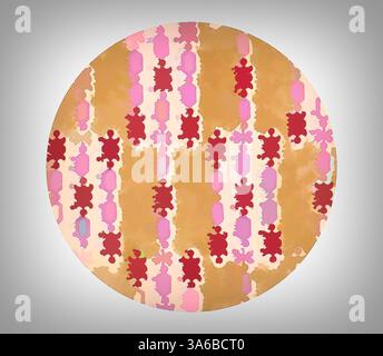 A circular design featuring a series of vertical lines and shapes in shades of red, pink, and gold, creating a vibrant, abstract pattern. Classic art with a modern twist reimagined by Artotop, Transformed French Fabrics, First Half of the Nineteenth Century Stock Photo
