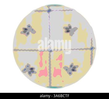 A circular object featuring a pale, textured surface, adorned with a grid pattern and scattered dark shapes resembling flowers or stars. Soft hues of yellow and pink add a subtle, playful contrast to the overall design. Classic art with a modern twist reimagined by Artotop, Transformed French Fabrics, First Half of the Nineteenth Century Stock Photo