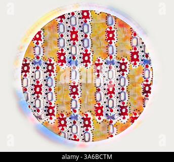A circular design featuring vibrant floral patterns and intricate geometric shapes in bright red, blue, and yellow hues, creating a lively and eclectic visual effect. Classic art with a modern twist reimagined by Artotop, Transformed French Fabrics, First Half of the Nineteenth Century Stock Photo