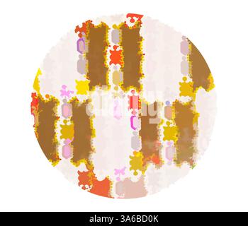 A vibrant circular design featuring vertical stripes in warm tones of red, orange, and yellow, interspersed with soft pastel shades, creating a dynamic and abstract composition. Classic art with a modern twist reimagined by Artotop, Transformed French Fabrics, First Half of the Nineteenth Century Stock Photo