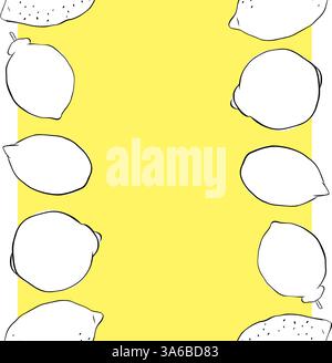 Lemon whole fruit seamless vertical border frame isolated on transparent background. Vector graphic line ink black and white illustration. art for foo Stock Vector