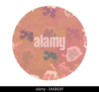 A circular design featuring soft, blended hues of peach and pink, adorned with delicate floral silhouettes in various shades of green and purple, creating a dreamy, abstract floral pattern. Classic art with a modern twist reimagined by Artotop, Transformed French Fabrics, First Half of the Nineteenth Century Stock Photo