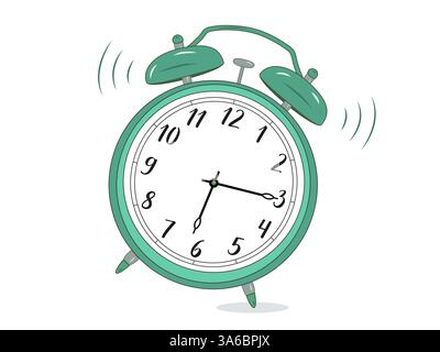 Illustration of a classic mechanical alarm clock with two bells and a hammer clanging. The clock face shows 6:15 AM, with motion lines Stock Vector