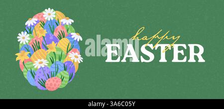 easter card banner with eggs. Many beautiful flat multi-colored flat eggs with spring flowers and grass are laid out in the shape of a large egg. Vect Stock Vector