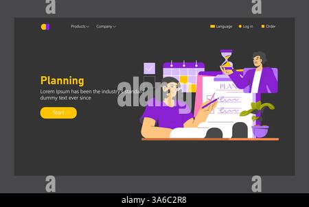 Goal achievement illustration. This imagery represents effective planning strategies in a modern workspace, featuring individuals engaged in various planning activities to enhance productivity. Vector illustration. Stock Vector