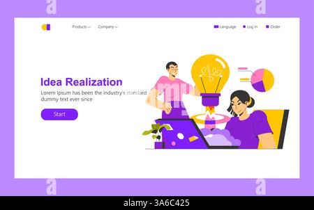 Idea realization illustration. Creative process in development and brainstorming illustrated through characters engaged in idea generation while surrounded by visual elements like a light bulb and graphs. Vector illustration. Stock Vector