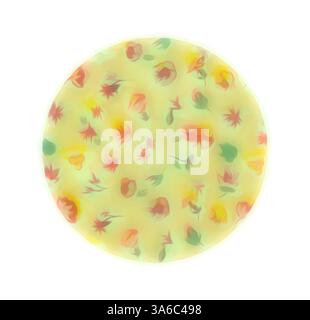 A circular pattern adorned with softly blended floral motifs in gentle hues of yellow, pink, and green, creating a dreamy, whimsical effect. Classic art with a modern twist reimagined by Artotop, Transformed French Fabrics, First Half of the Nineteenth Century Stock Photo