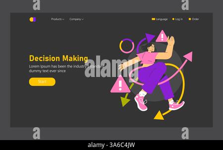 Decision-making process illustrated with a dynamic character navigating through various options and obstacles. Emphasizes the importance of choices in complex situations. Vector illustration. Stock Vector