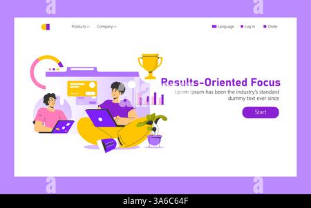 Goal achievement illustration that features individuals working on laptops, demonstrating focus and productivity. Visual elements include a trophy, charts, and motivational themes. Vector illustration. Stock Vector