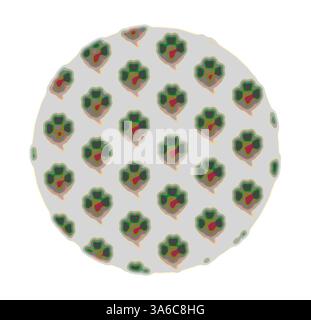 A circular pattern featuring a repeating design of abstract, leafy shapes in green, surrounded by subtle outlines, creating a vibrant and lively composition. Classic art with a modern twist reimagined by Artotop, Transformed French Fabrics, First Half of the Nineteenth Century Stock Photo