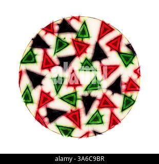 A vibrant circular design featuring an eclectic arrangement of colorful triangles in red, green, and black against a light background, creating a dynamic and energetic pattern. Classic art with a modern twist reimagined by Artotop, Transformed French Fabrics, First Half of the Nineteenth Century Stock Photo