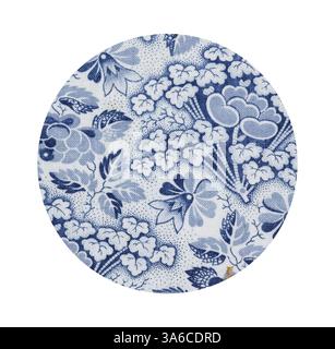 A circular fabric featuring an intricate floral pattern in blue and white, displaying a variety of plants and blossoms with delicate detailing. Classic art with a modern twist reimagined by Artotop, Transformed French Fabrics, First Half of the Nineteenth Century Stock Photo